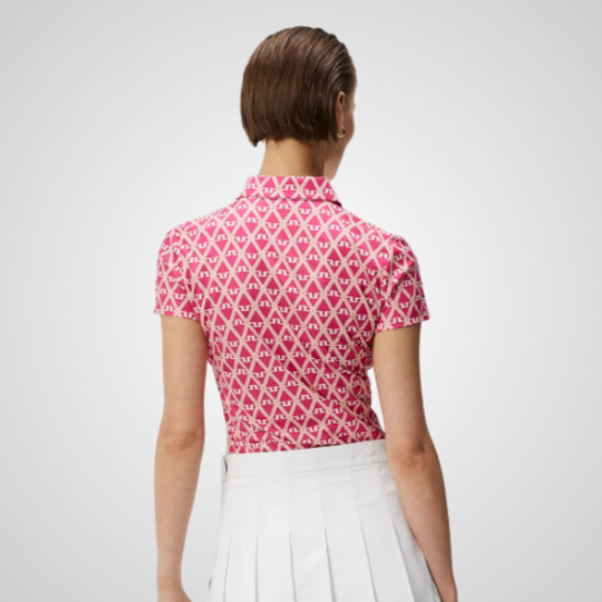 Model wearing J.Lindeberg Ladies Cara White Golf Polo Shirt Back View