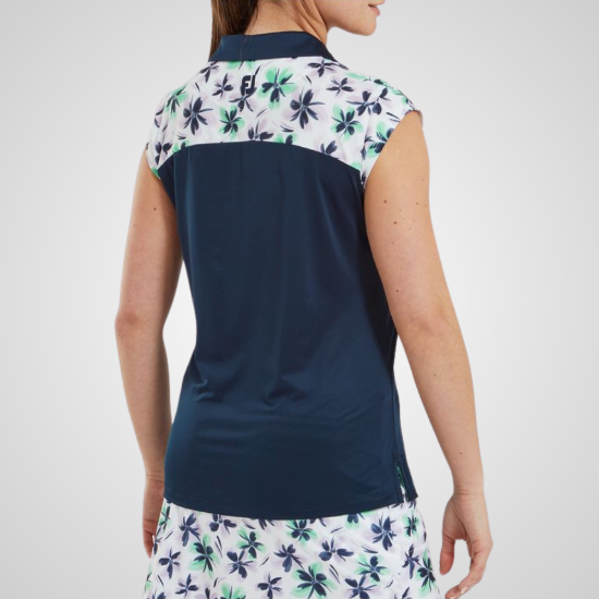 Model wearing FootJoy Ladies Floral Print Lavender/MInt/Navy Golf Polo Shirt Back