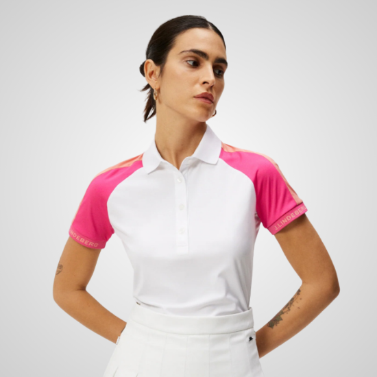 Model wearing  J.Lindeberg Ladies Perinne Fuschia Purple Golf Polo Shirt Front View