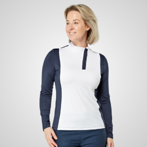 Model wearing Swing Out Sister Ladies Ellie Elite Navy & White Golf Polo Shirt Front View