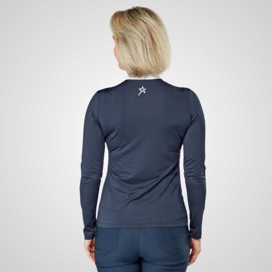 Model wearing Swing Out Sister Ladies Ellie Elite Navy & White Golf Polo Shirt Back View