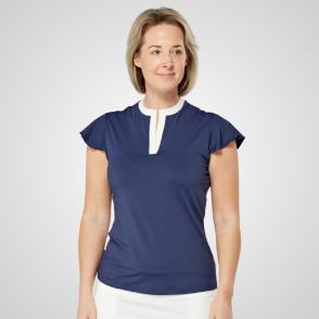 Model wearing Swing Out Sister Ladies Louise Elite Navy Golf Polo Shirt Front View