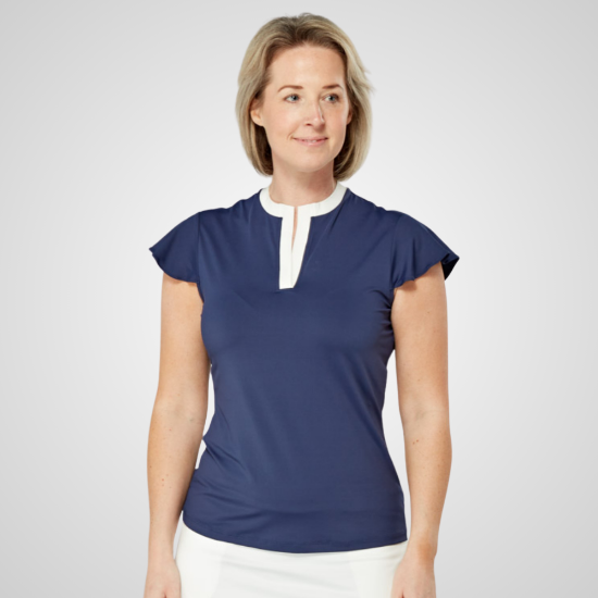 Model wearing Swing Out Sister Ladies Louise Elite Navy Golf Polo Shirt Front View