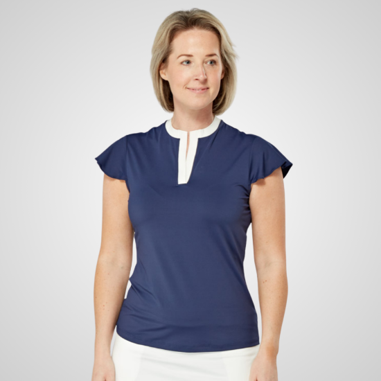 Model wearing Swing Out Sister Ladies Louise Elite Navy Golf Polo Shirt