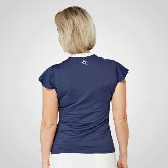 Model wearing Swing Out Sister Ladies Louise Elite Navy Golf Polo Shirt Back
