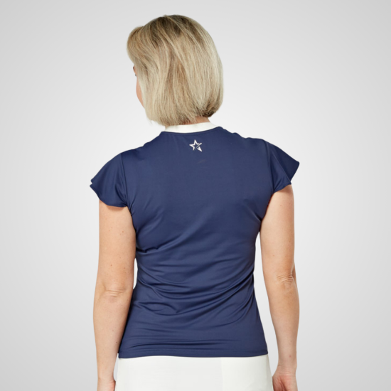 Model wearing Swing Out Sister Ladies Louise Elite Navy Golf Polo Shirt Back View