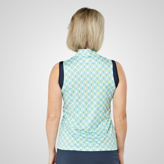 Model wearing Swing Out Sister Ladies Cecily Blue & Emerald Golf Polo Shirt Back View