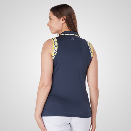 Model wearing Swing Out Sister Ladies Alice Sunshine & Navy Golf Polo Shirt Back View