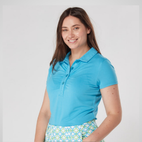 Model wearing Swing Out Sister Ladies Lisa Dazzling Blue Golf Polo Shirt
