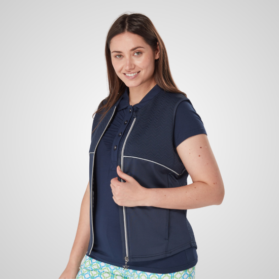 Model wearing Swing Out Sister Ladies Lisa Navy Golf Polo Shirt Front View