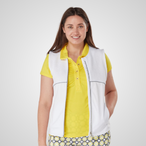 Model wearing Swing Out Sister Ladies Lisa Sunshine Golf Polo Shirt