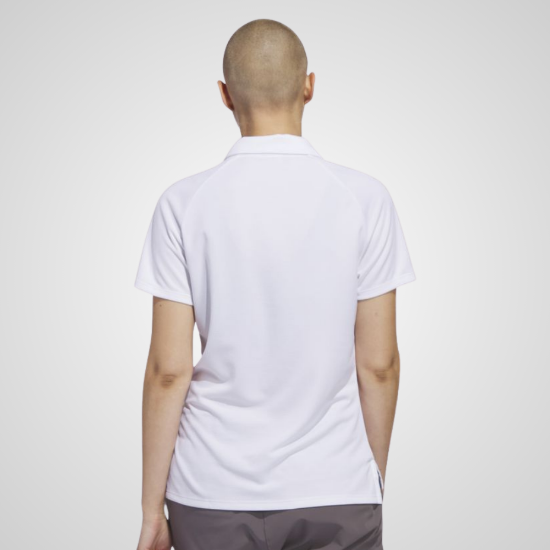 Model wearing adidas Ladies Ultimate Heat.Rdy White Golf Polo Shirt Back View