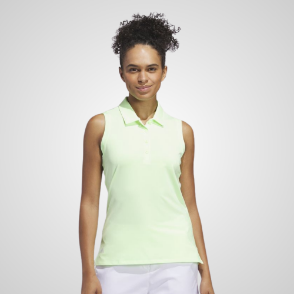 Model wearing adidas Ladies Ultimate Solid Sleeveless Green Spark Golf Polo Shirt Front View