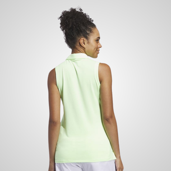 Model wearing adidas Ladies Ultimate Solid Sleeveless Green Spark Golf Polo Shirt Back View