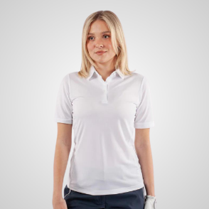 Model wearing Galvin Green Ladies Melody V8+ White Golf Polo Shirt Front View