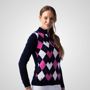 Model wearing Glenmuir Ladies Bonnie Navy Golf Sweater Front View