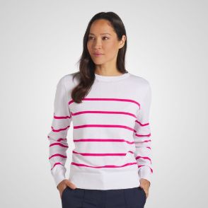 Model wearing Puma Ladies Resort Crewneck White Golf Sweater Front View