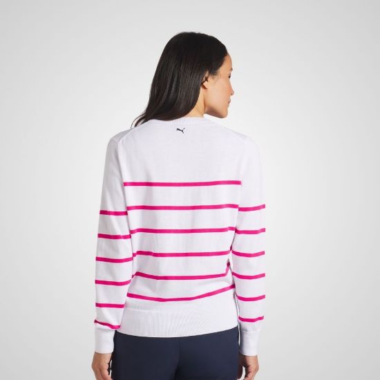 Model wearing Puma Ladies Resort Crewneck White Golf Sweater Back View