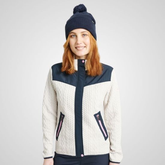 Model wearing Abacus Ladies Adare Midlayer White Golf Jacket Front View