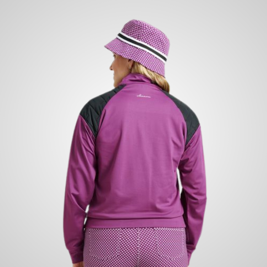 Model wearing Abacus Ladies Hoylake Thermo Zip Violet Golf Midlayer Back View