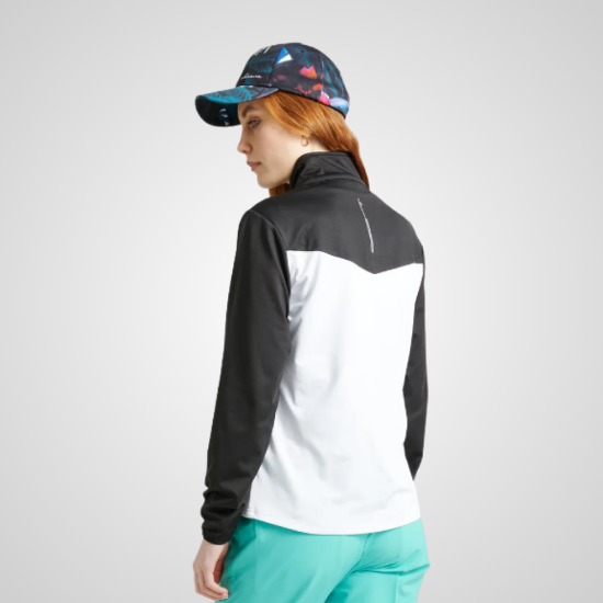 Model wearing Abacus Ladies Sherwood Full-Zip Violet & White Golf Fleece Back View