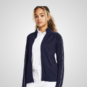 Model wearing Under Armour Ladies Storm Full Zip  Navy Golf Midlayer Front View