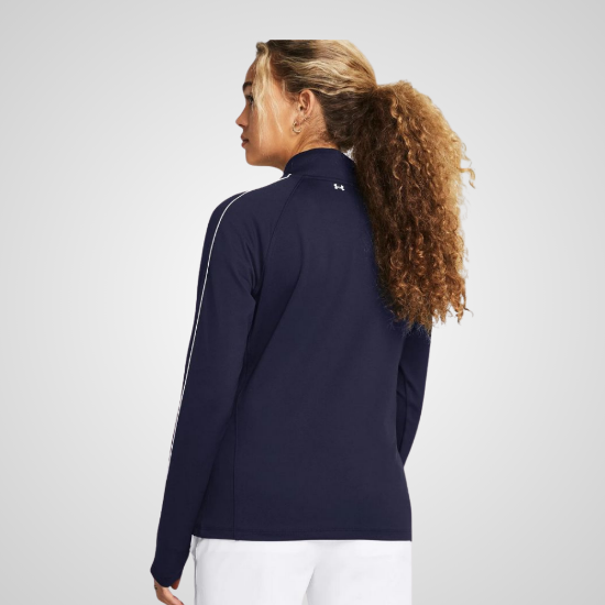 Model wearing Under Armour Ladies Storm Full Zip  Navy Golf Midlayer Back View