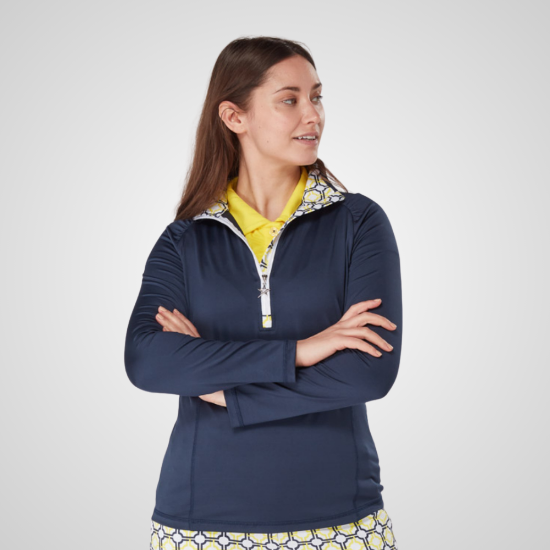 Model wearing Swing Out Sister Ladies Celeste Navy Golf Mid Layer Front View