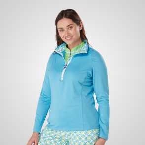 Model wearing Swing Out Sister Ladies Celeste Blue Golf Mid Layer Front View