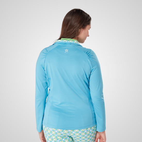 Model wearing Swing Out Sister Ladies Celeste Blue Golf Mid Layer Back View