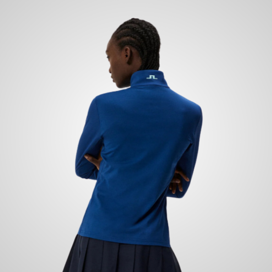 Model wearing J.Lindeberg Ladies Lauryn 1/2 Zip Blue Golf Midlayer Back View