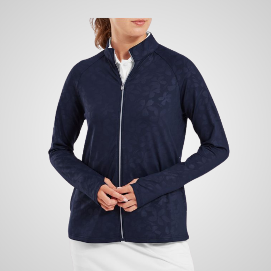 Model wearing FootJoy Ladies Floral Embossed Navy Golf Mid Layer Front View