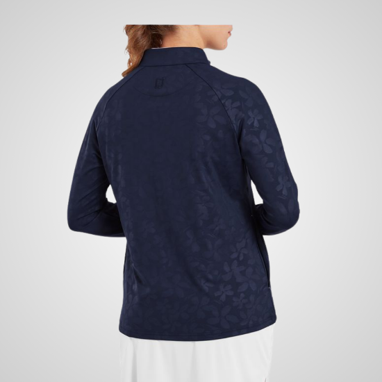Model wearing FootJoy Ladies Floral Embossed Navy Golf Mid Layer Back View