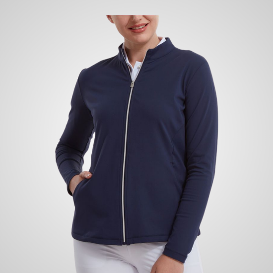 Model wearing FootJoy Ladies Jersey Knit Navy Golf Mid Layer Front View