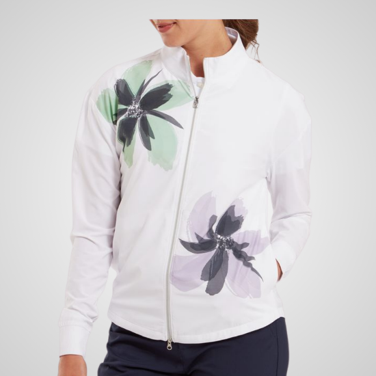 Model wearing FootJoy Ladies Woven White Golf Mid Layer Front View
