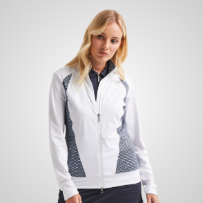 Model wearing PING Ladies Harby Printed White Golf Mid Layer Front View