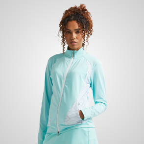 Model wearing PING Ladies Harby Printed Aruba Blue Golf Mid Layer Front View
