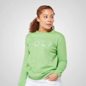 Model wearing Swing Out Sister Ladies Sustainable Emerald Golf Sweatshirt Front View