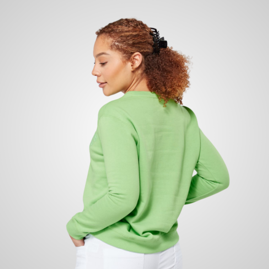 Model wearing Swing Out Sister Ladies Sustainable Emerald Golf Sweatshirt Back View