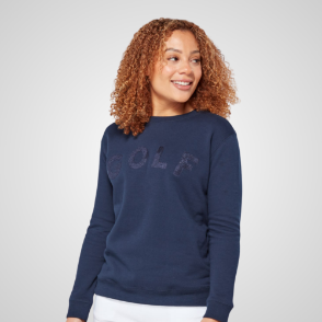 Model wearing Swing Out Sister Ladies Sustainable Navy Golf Sweatshirt Front View