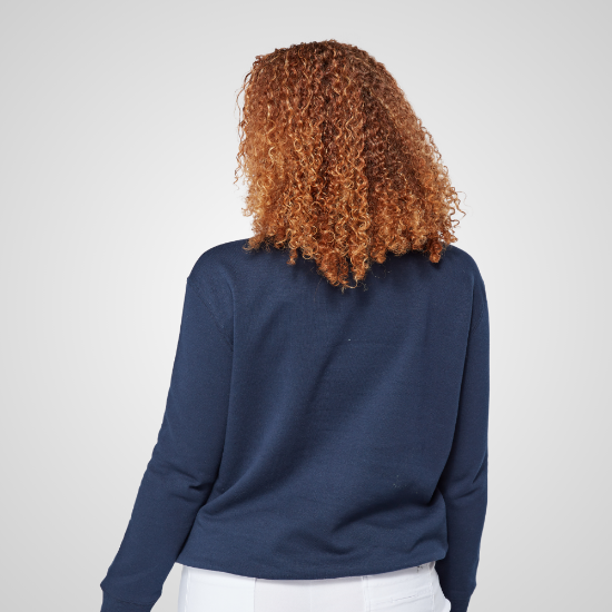 Model wearing Swing Out Sister Ladies Sustainable Navy Golf Sweatshirt Back View