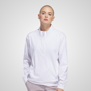 Model wearing adidas Ladies Ultimate 1/2 Zip White Golf Midlayer Front View