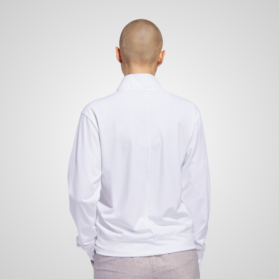 Model wearing adidas Ladies Ultimate 1/2 Zip White Golf Midlayer Back View