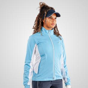 Model wearing Galvin Green Ladies Larissa Blue Golf Midlayer Side View