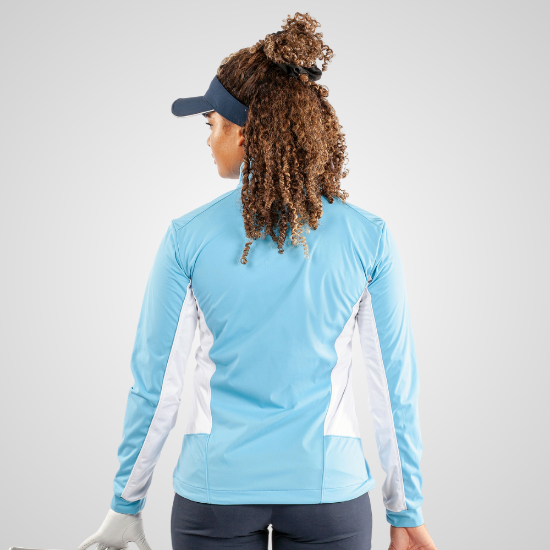 Model wearing Galvin Green Ladies Larissa Alaskan Blue Golf Midlayer Back View