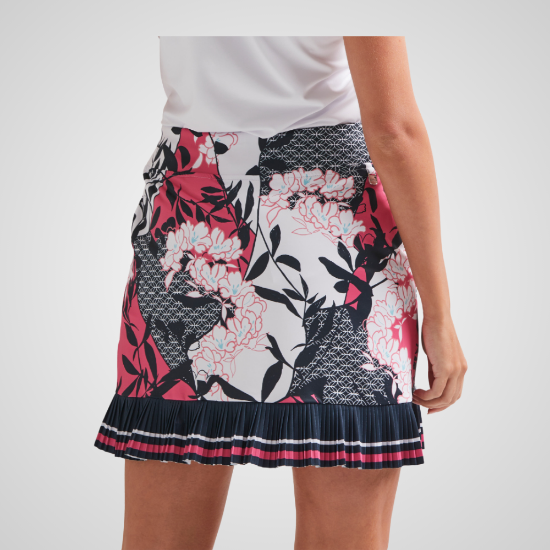 Model wearing PING Ladies Georgia Pink Blossom Multi Golf Skort Back View