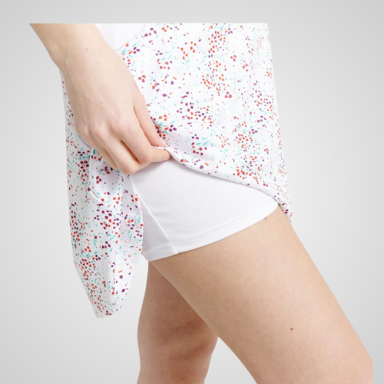 Model wearing Abacus Ladies Juliet White Golf Skort Inner Shorts View