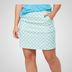 Model wearing Swing Out Sister Ladies Lucy Blue & Emerald Golf Skort Front View
