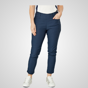 Model wearing Swing Out Sister Ladies Core 7/8th Navy Golf Trousers Front View