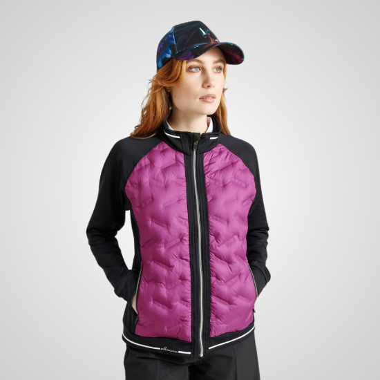 Model wearing Abacus Ladies Grove Hybrid Violet Golf Jacket Front View